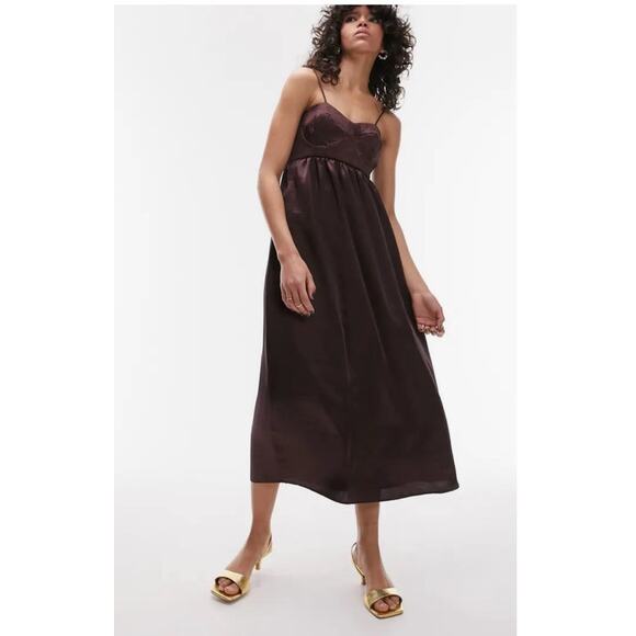 Topshop Dress Chocolate Sweetheart Neck Poly Satin NWT $128 Size US 8 UK 12 - Picture 1 of 10